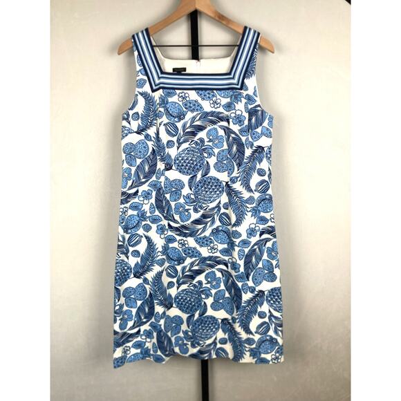 Talbots Textured Square Neck Dress 10 Coastal Pineapple Blue Sleeveless Cotton - Picture 3 of 10